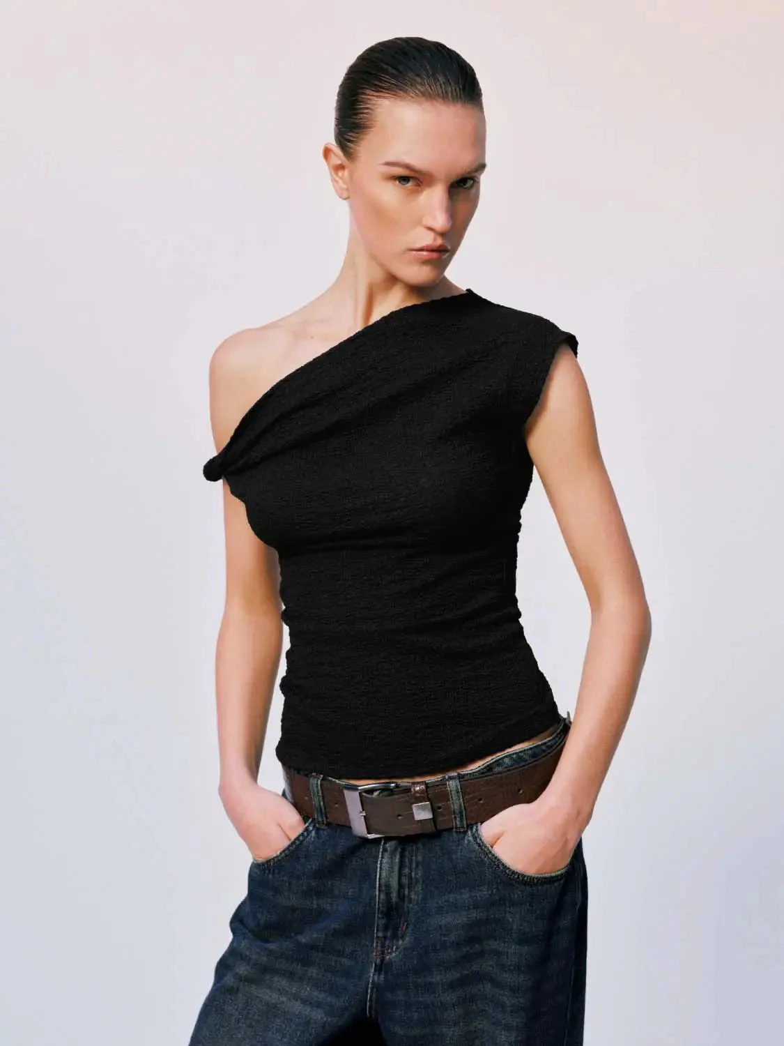 One Shoulder Skinny Fit Stretch Fabric T-Shirts