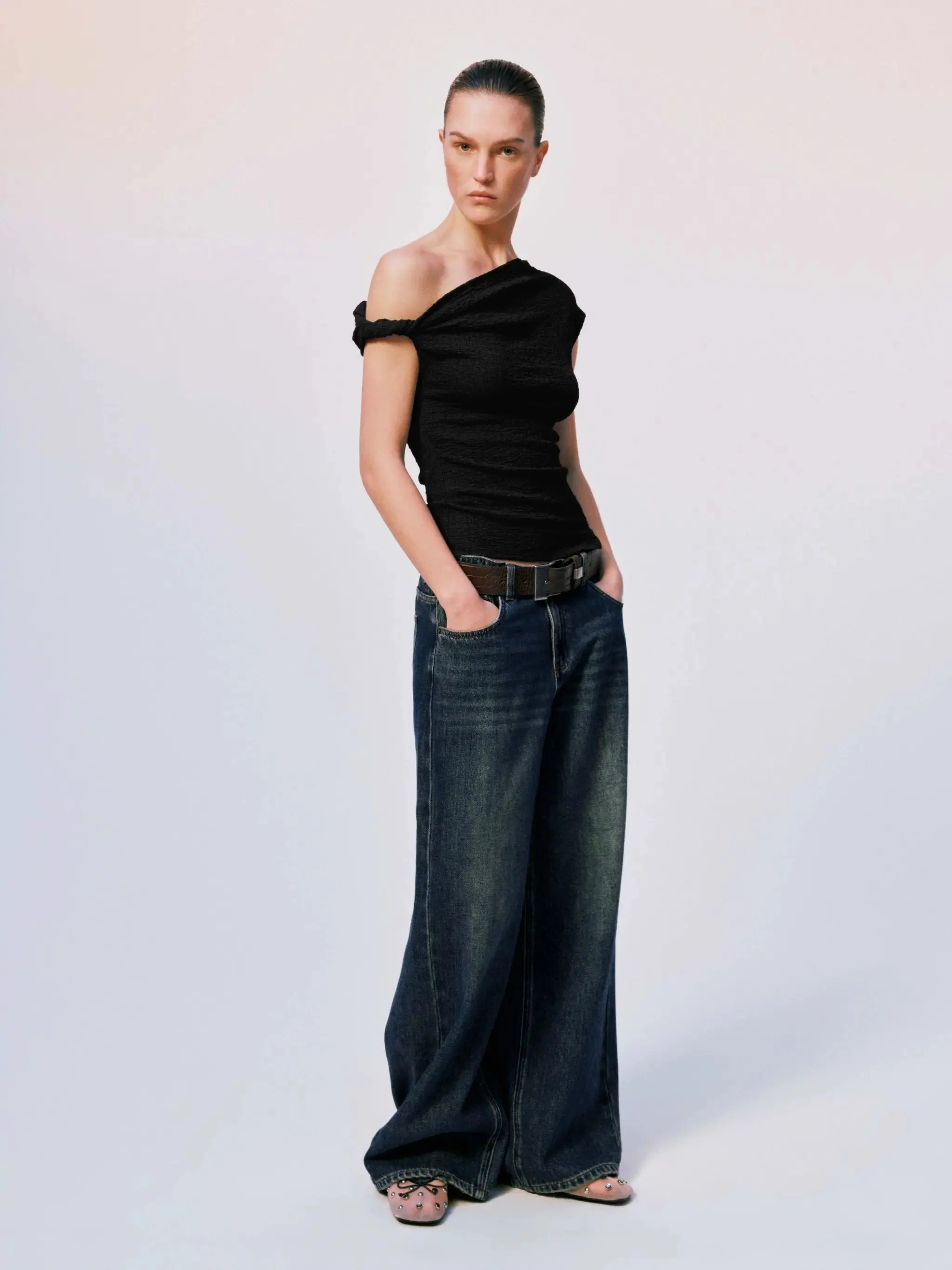 One Shoulder Skinny Fit Stretch Fabric T-Shirts