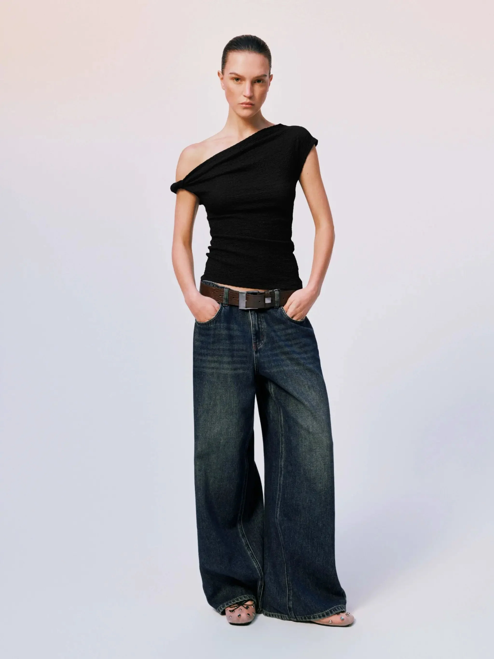 One Shoulder Skinny Fit Stretch Fabric T-Shirts