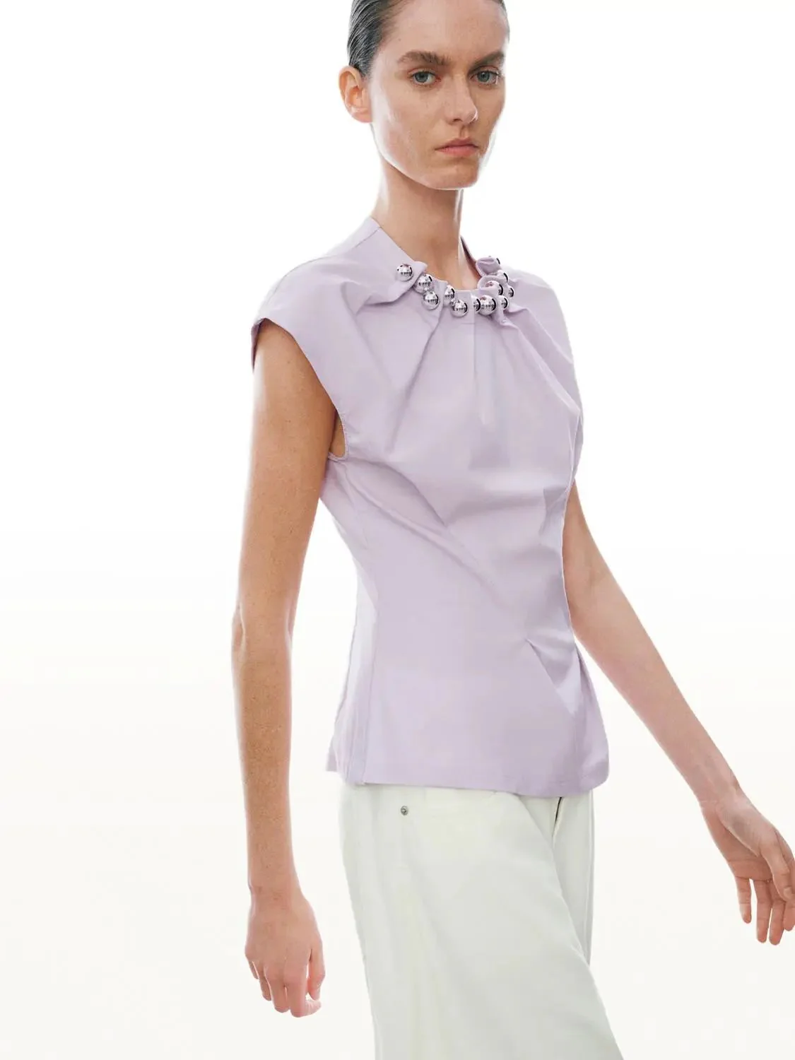 Pleat Detail Beaded Cap Sleeve Shirts