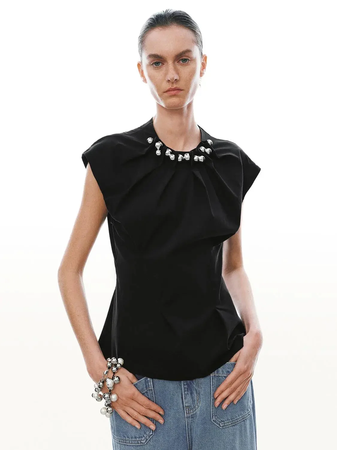 Pleat Detail Beaded Cap Sleeve Shirts
