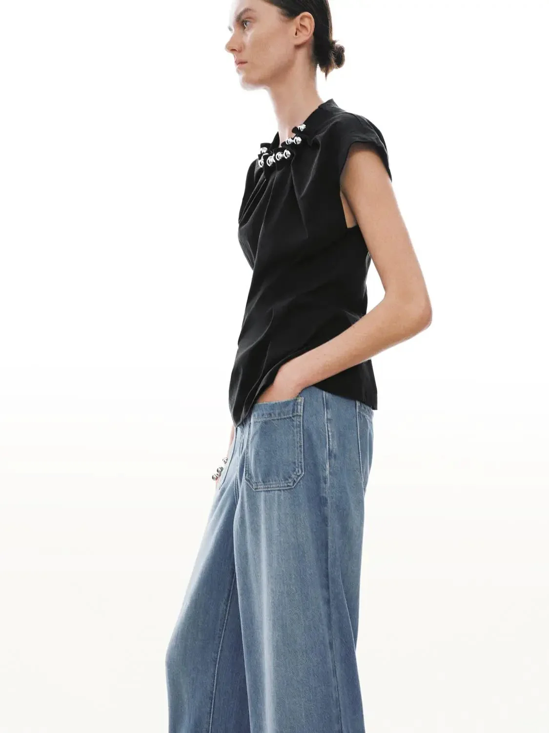 Pleat Detail Beaded Cap Sleeve Shirts