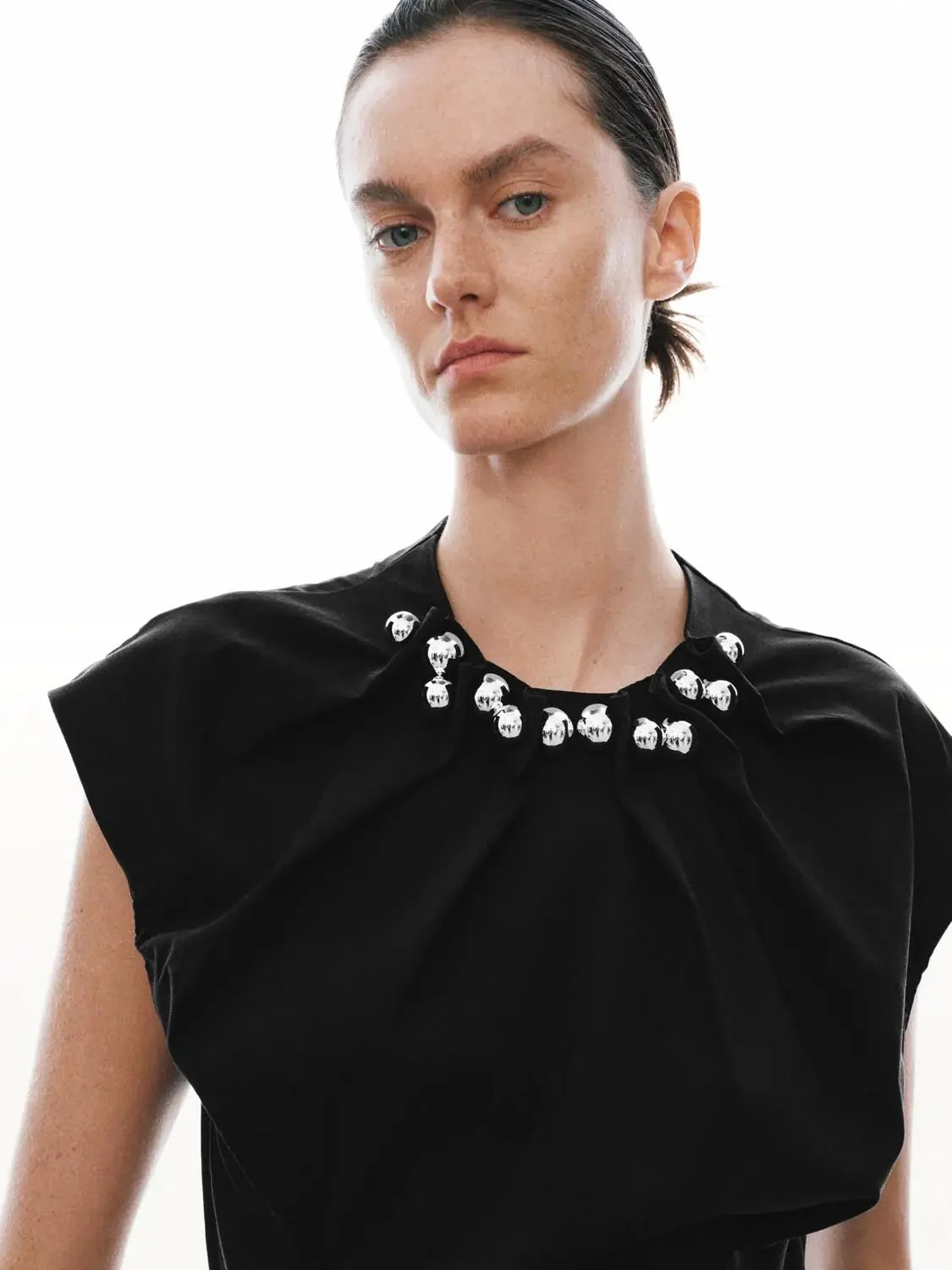 Pleat Detail Beaded Cap Sleeve Shirts