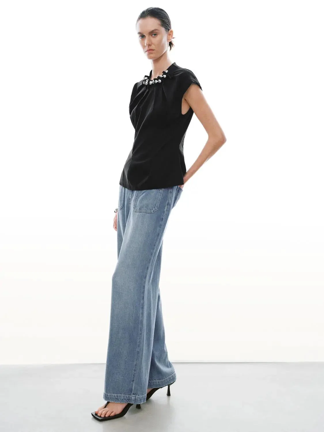Pleat Detail Beaded Cap Sleeve Shirts