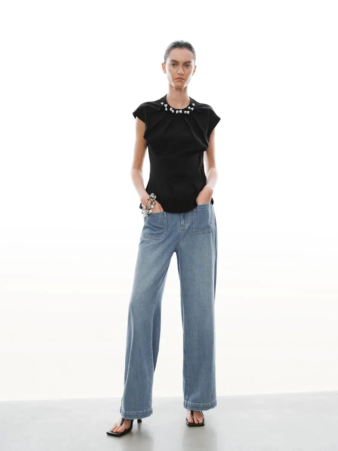 Pleat Detail Beaded Cap Sleeve Shirts