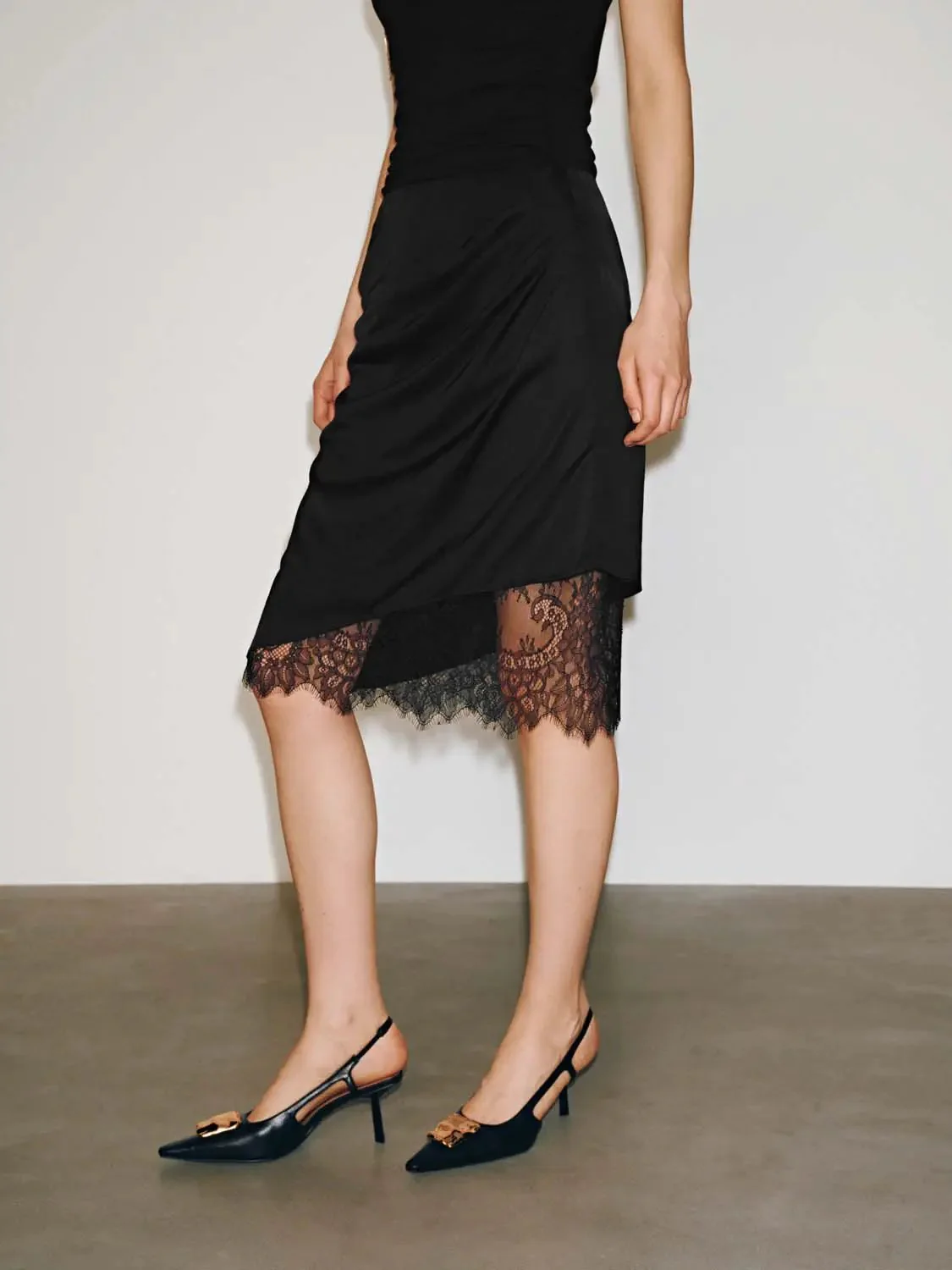 Lace Trim Draped Viscose Lyocell Linen Blend Midi Skirts