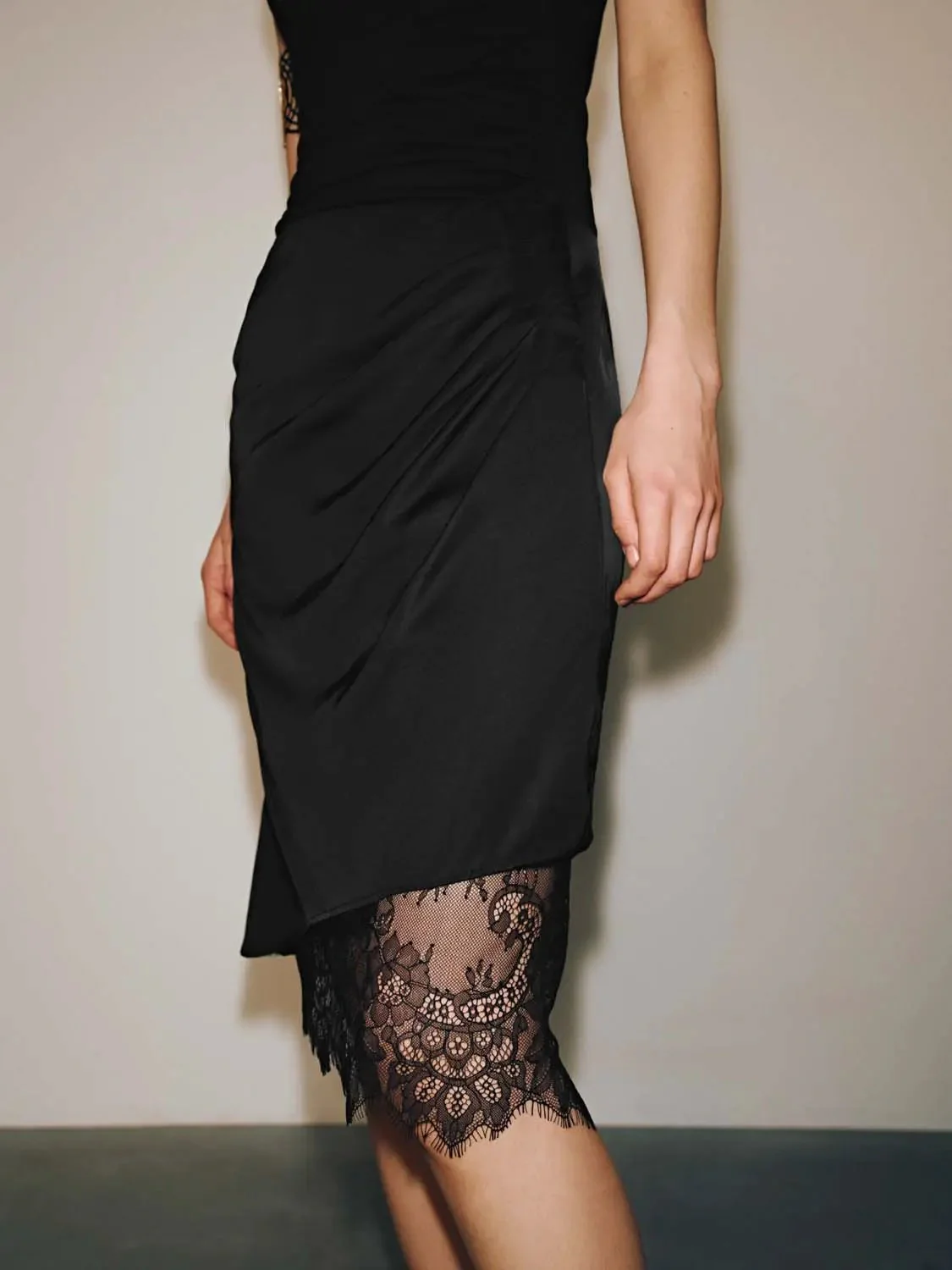 Lace Trim Draped Viscose Lyocell Linen Blend Midi Skirts