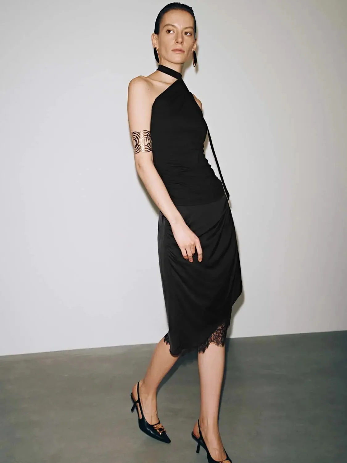 Lace Trim Draped Viscose Lyocell Linen Blend Midi Skirts