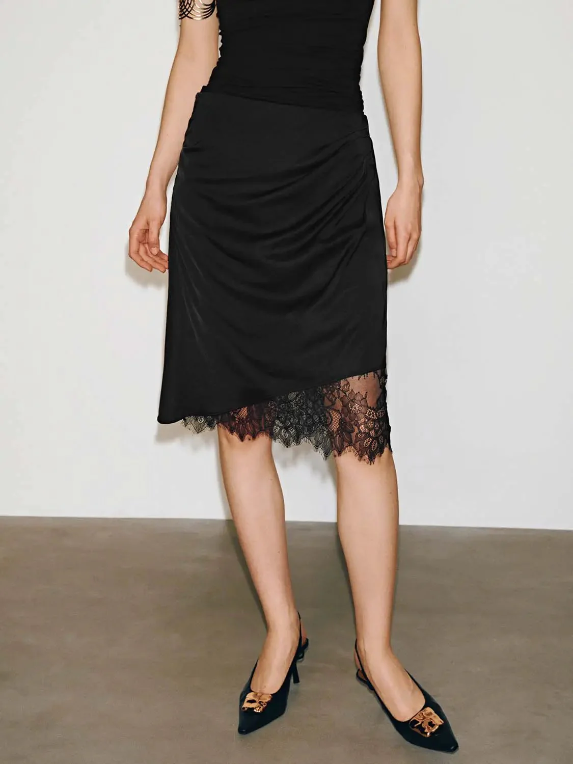 Lace Trim Draped Viscose Lyocell Linen Blend Midi Skirts