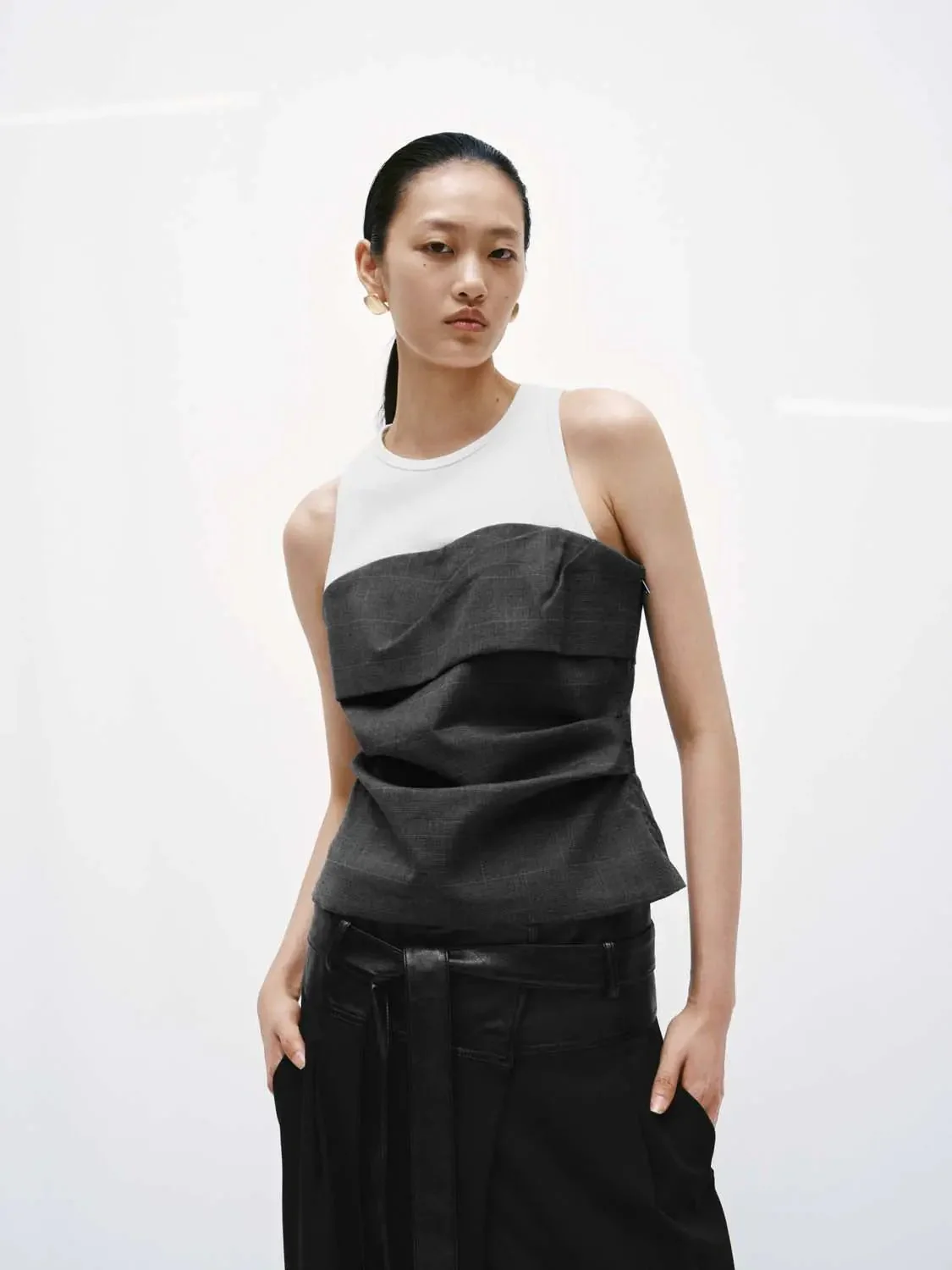 Cotton-Blend Layered Ruched Two-In-One Tank Top