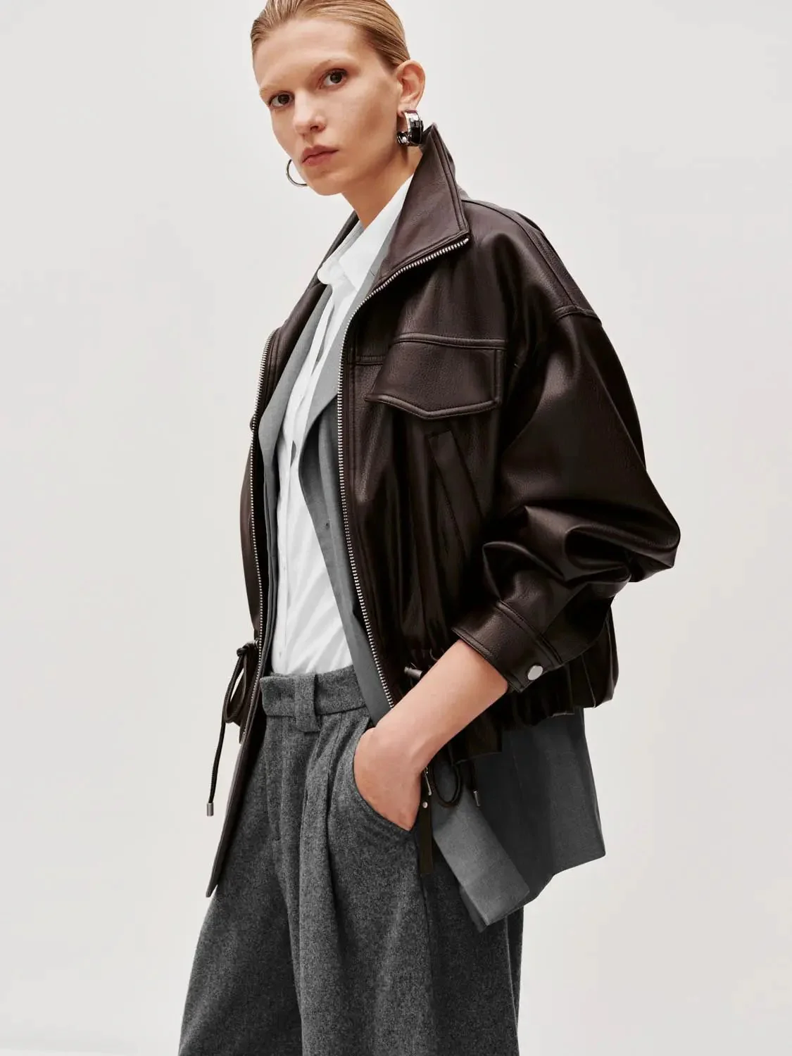 10206-leather-look-drawstring-pockets-bomber-jacket-2.webp Leather Look Drawstring Pockets Bomber Jacket