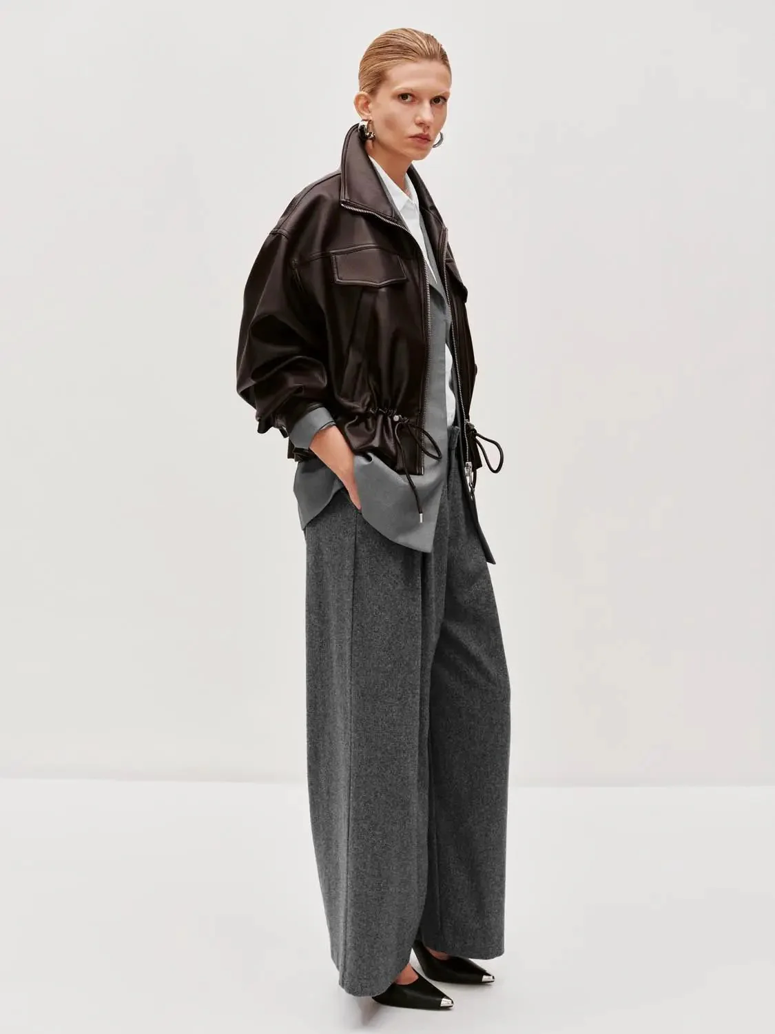10206-leather-look-drawstring-pockets-bomber-jacket-5.webp Leather Look Drawstring Pockets Bomber Jacket