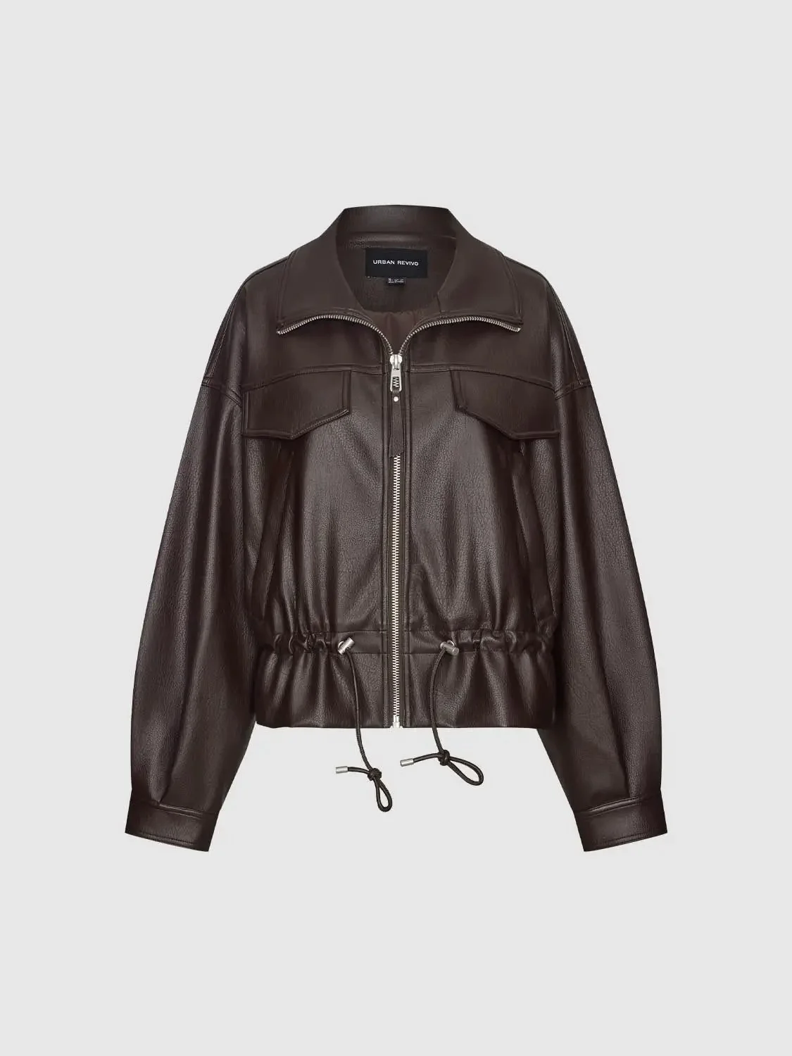 10206-leather-look-drawstring-pockets-bomber-jacket-7.webp Leather Look Drawstring Pockets Bomber Jacket