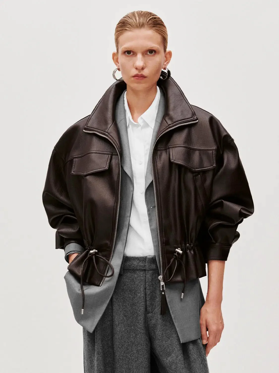 10206-leather-look-drawstring-pockets-bomber-jacket-9.webp Leather Look Drawstring Pockets Bomber Jacket
