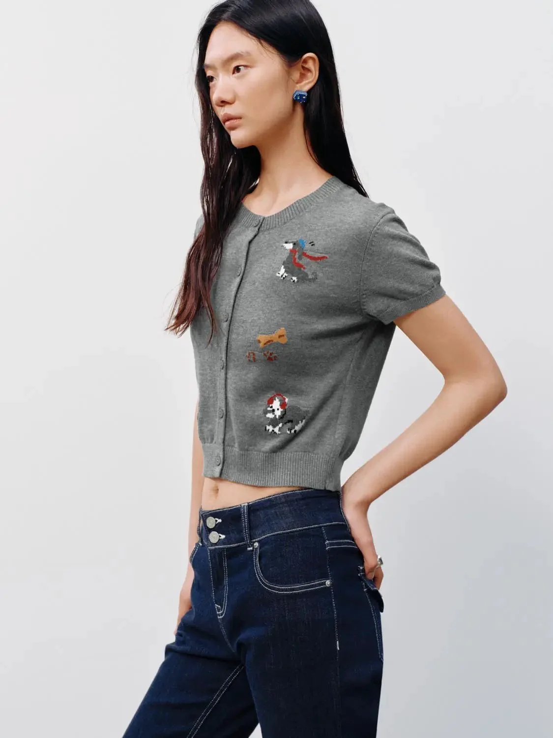 Crew Neck Short Sleeve Intarsia Knitted Cardigans