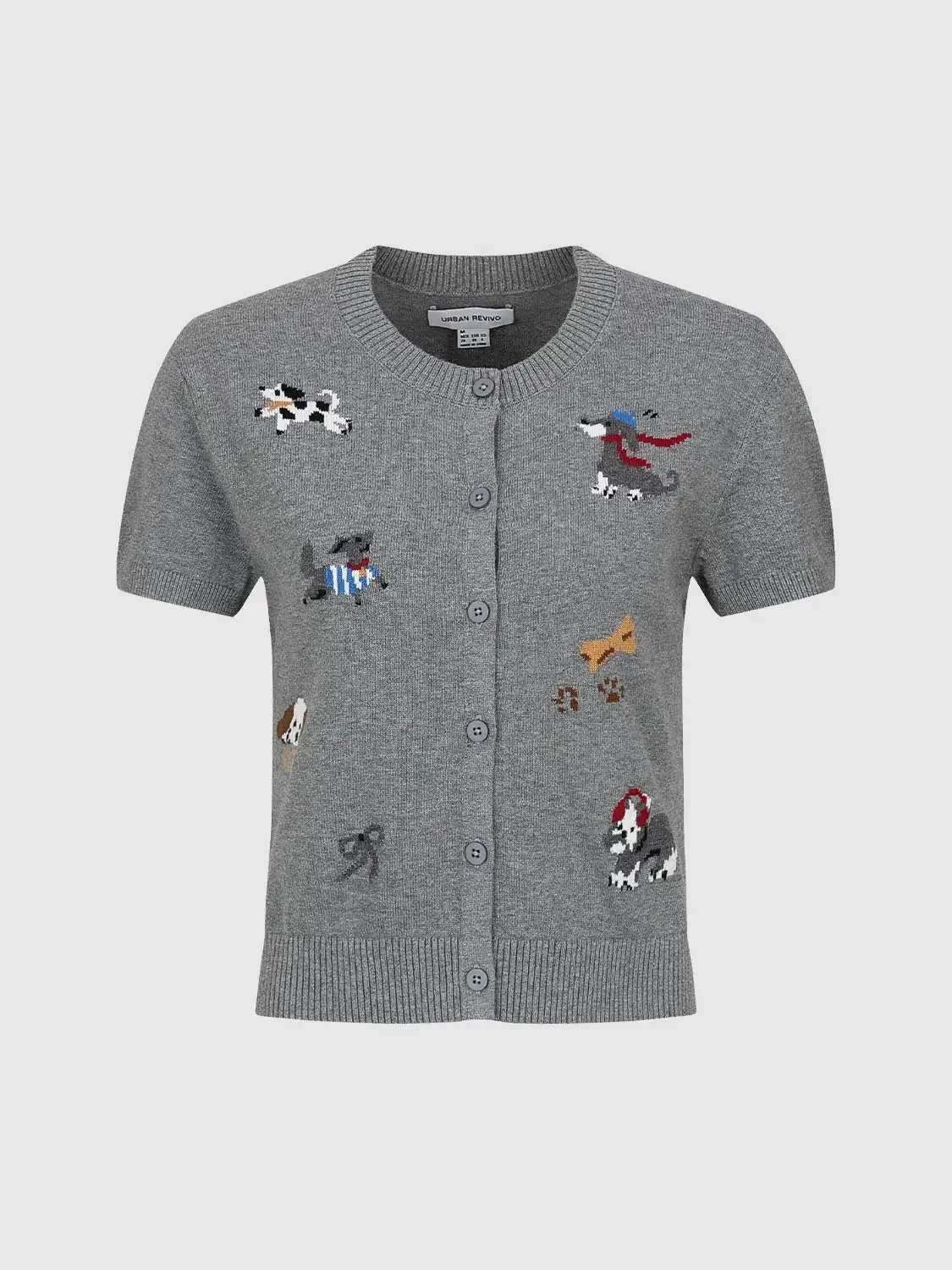 Crew Neck Short Sleeve Intarsia Knitted Cardigans