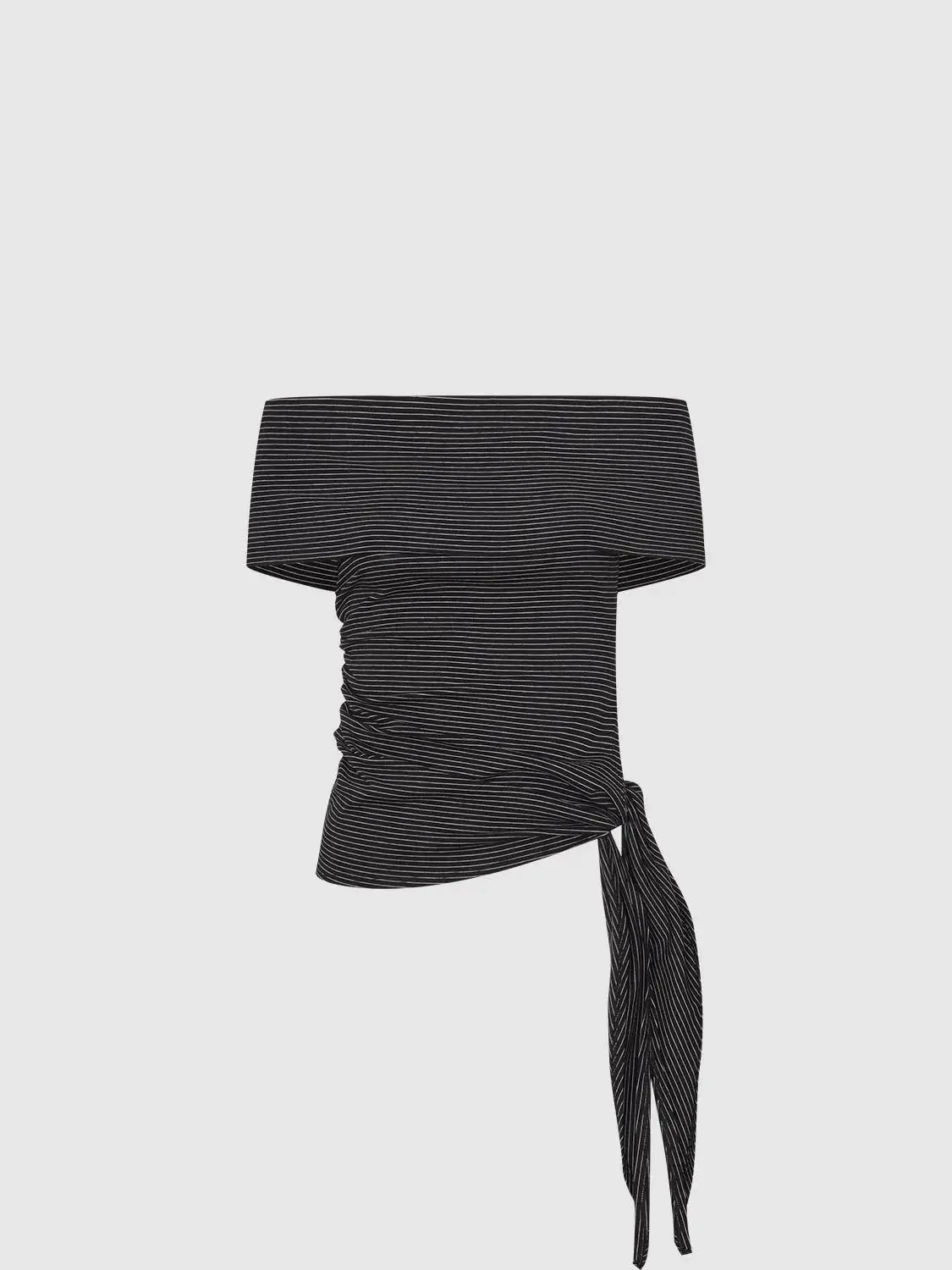 Striped Tie Detail Foldover Boat Neck T-Shirts
