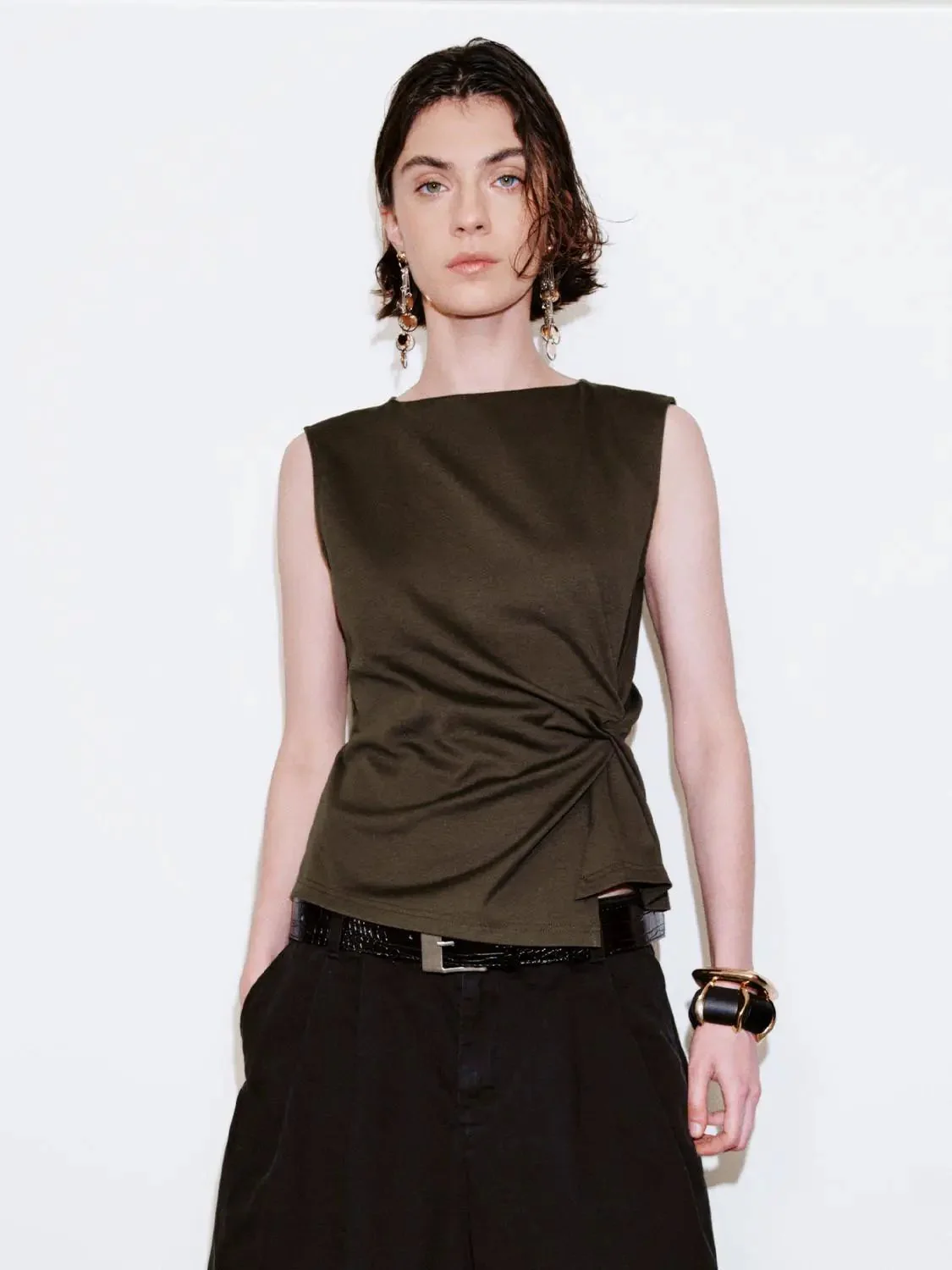 Elegant Cotton Blend Draped Sleeveless Top