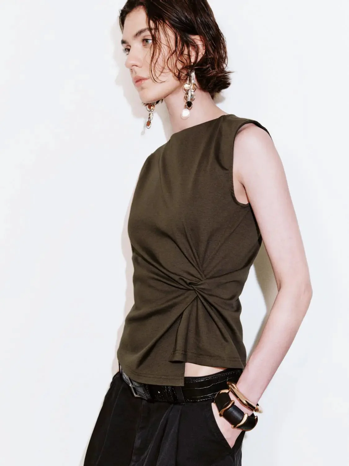 Elegant Cotton Blend Draped Sleeveless Top