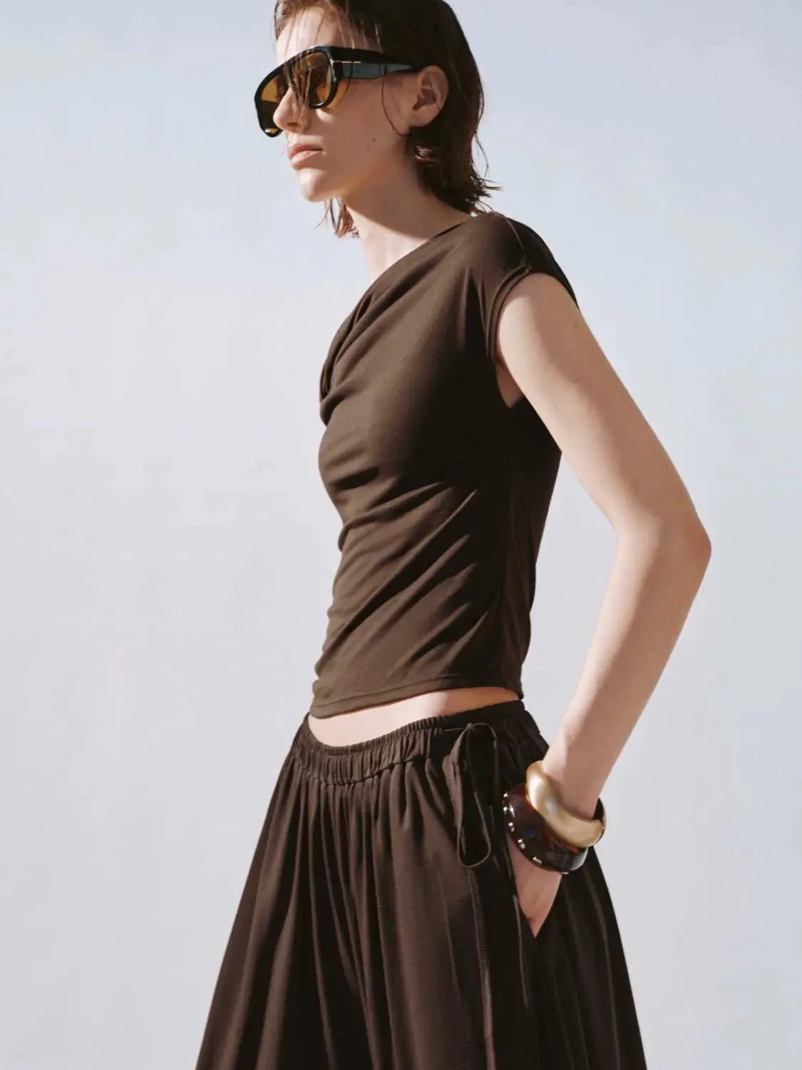 10304-brown-one-shoulder-ruched-stretch-modal-blend-top-2.webp Brown One Shoulder Ruched Stretch Modal Blend Top