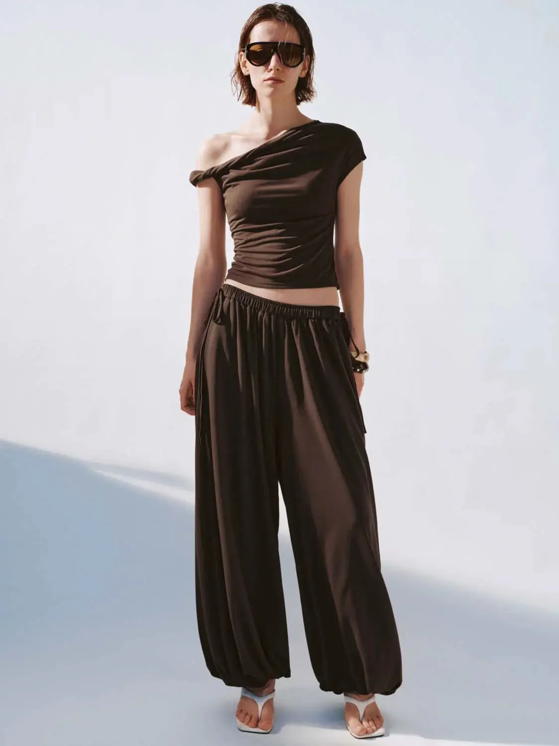 10304-brown-one-shoulder-ruched-stretch-modal-blend-top-4.webp Brown One Shoulder Ruched Stretch Modal Blend Top