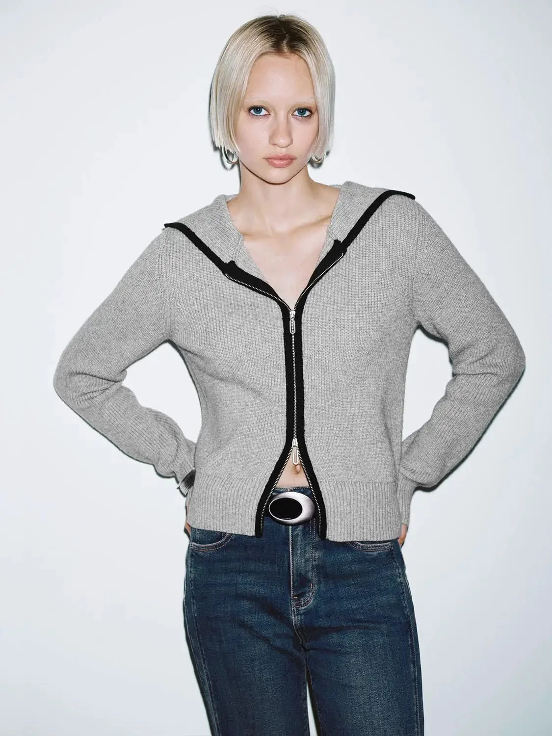 Light Gray Hooded Zip Up Knitted Cardigans