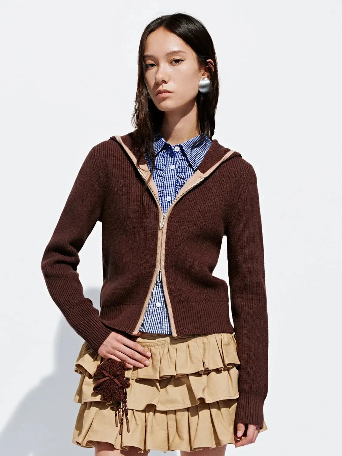 Light Gray Hooded Zip Up Knitted Cardigans