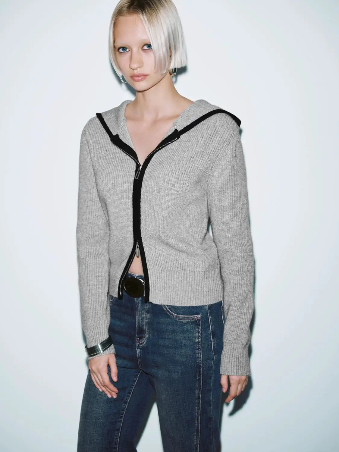 Light Gray Hooded Zip Up Knitted Cardigans