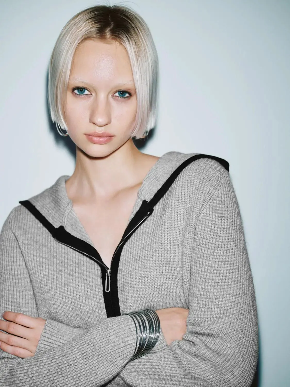 Light Gray Hooded Zip Up Knitted Cardigans