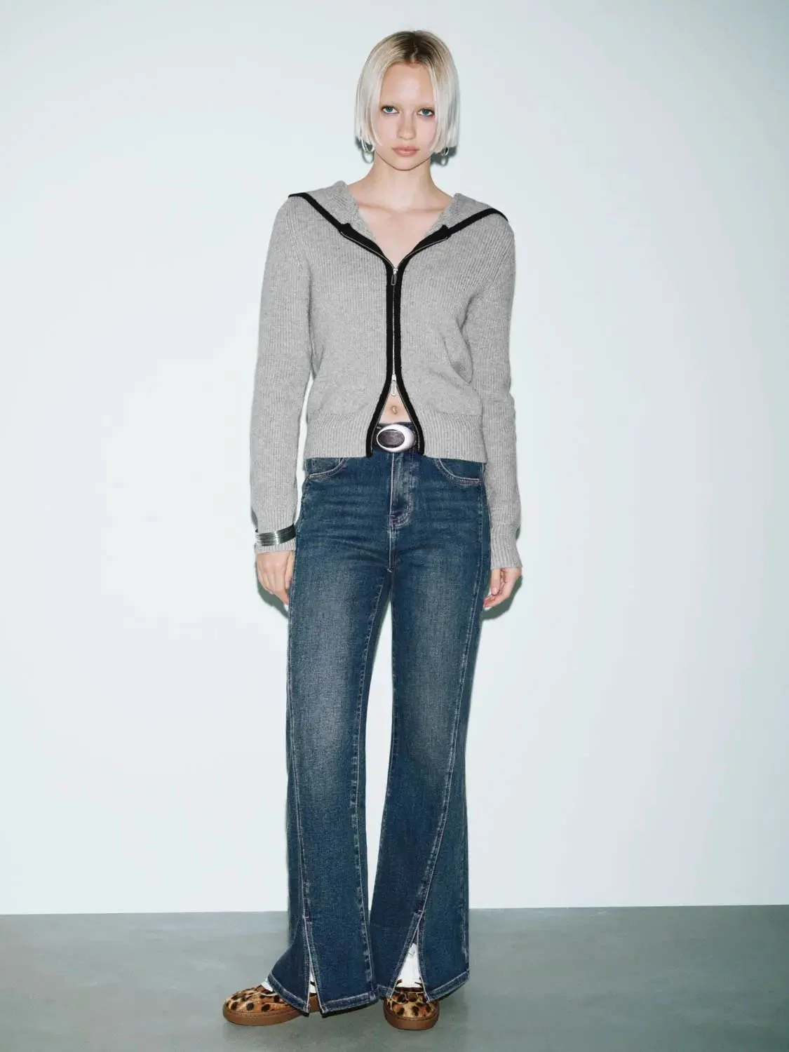Light Gray Hooded Zip Up Knitted Cardigans