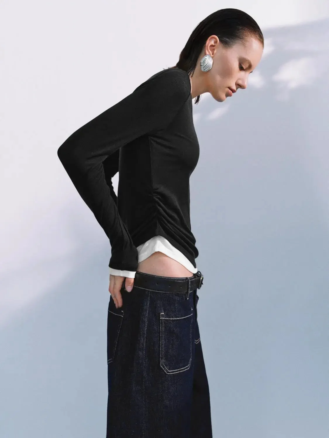 Lyocell Wool Blend Twist Hem Stretch Long Sleeve T Shirts