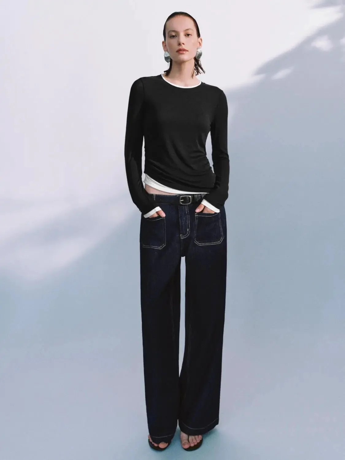 Lyocell Wool Blend Twist Hem Stretch Long Sleeve T Shirts
