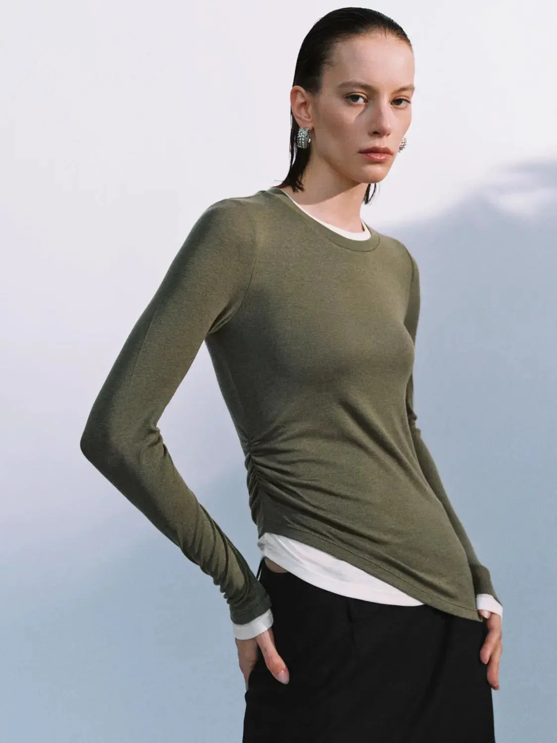 Lyocell Wool Blend Twist Hem Stretch Long Sleeve T Shirts