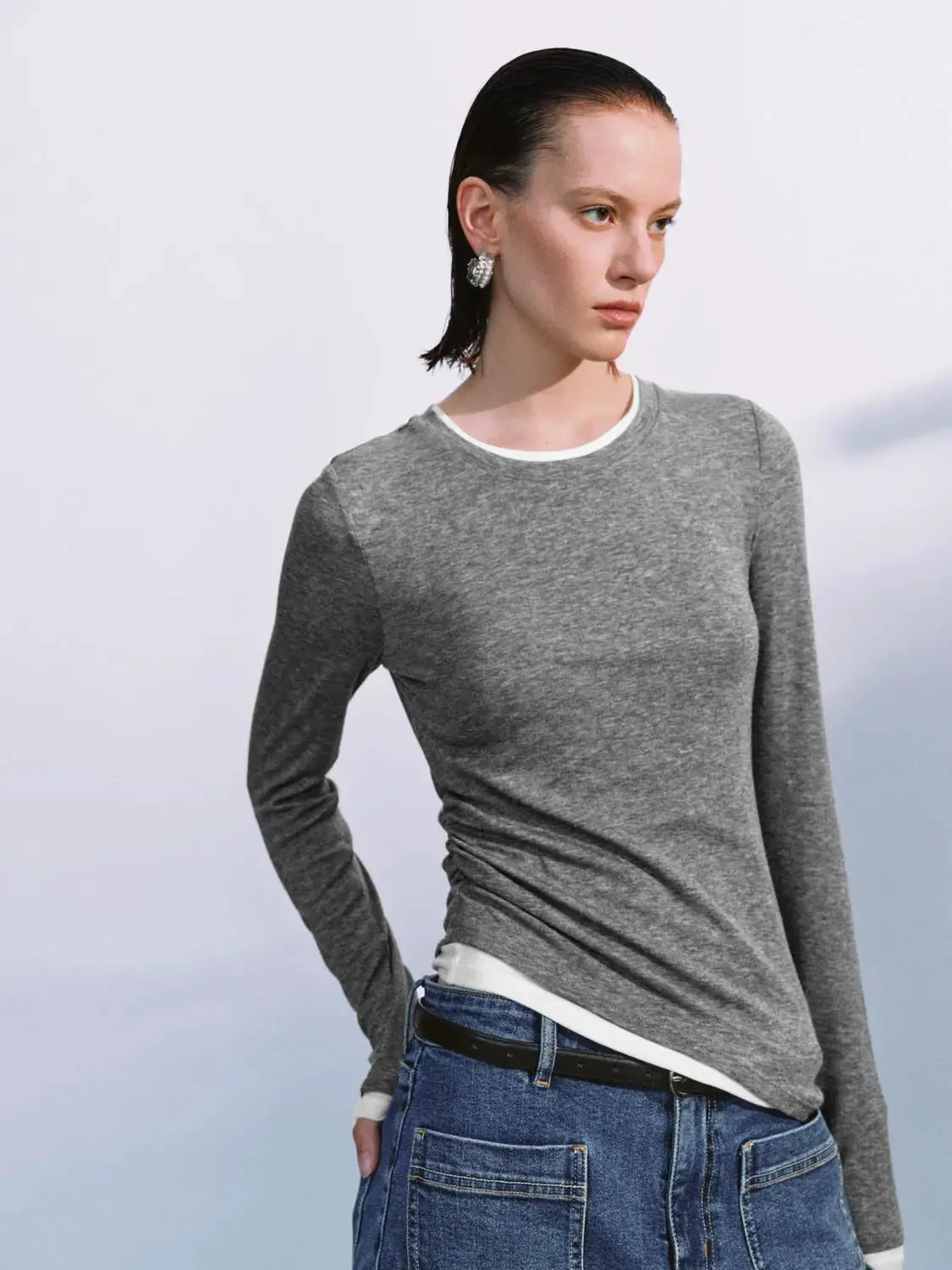 Lyocell Wool Blend Twist Hem Stretch Long Sleeve T Shirts
