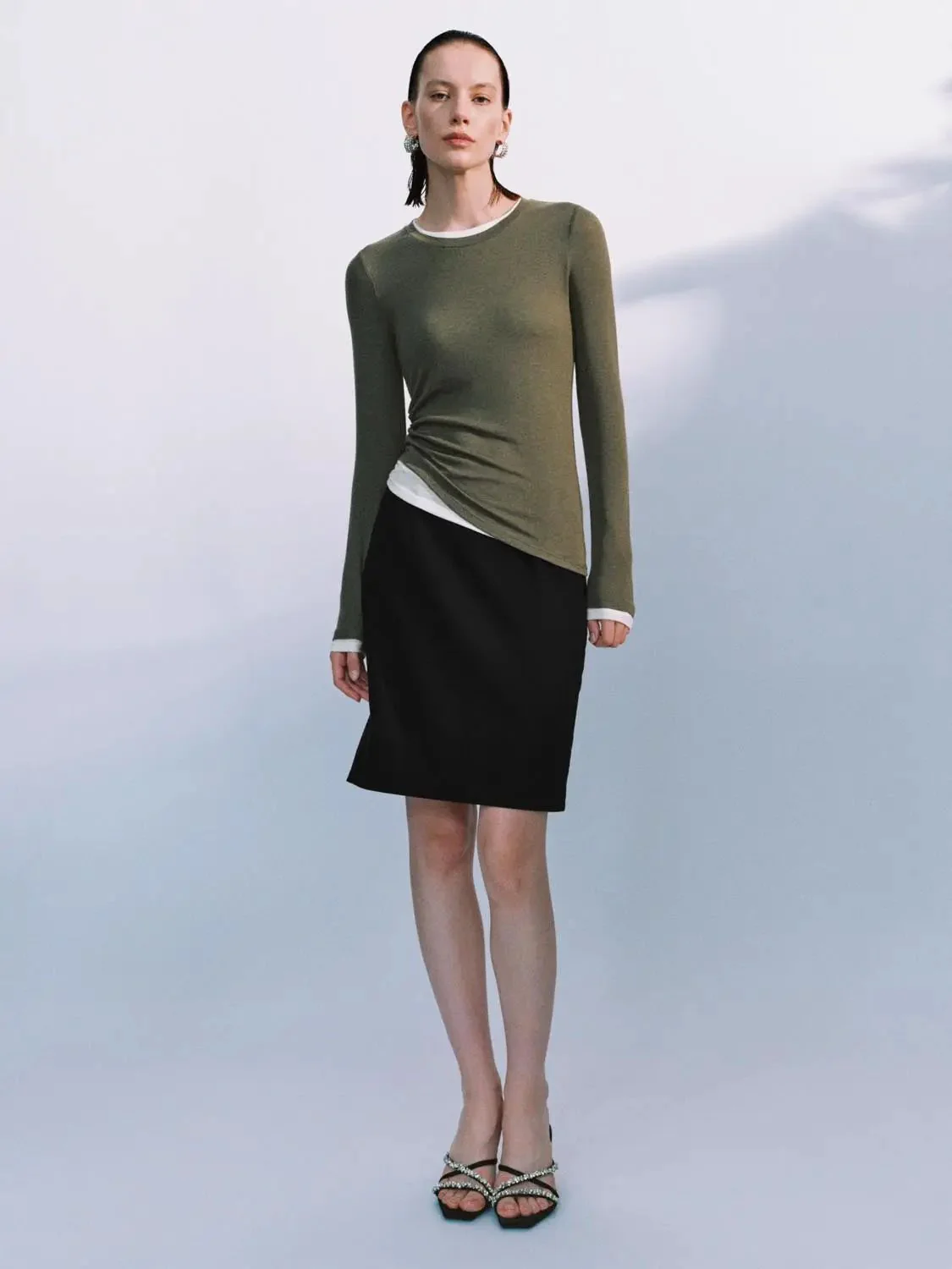 Lyocell Wool Blend Twist Hem Stretch Long Sleeve T Shirts