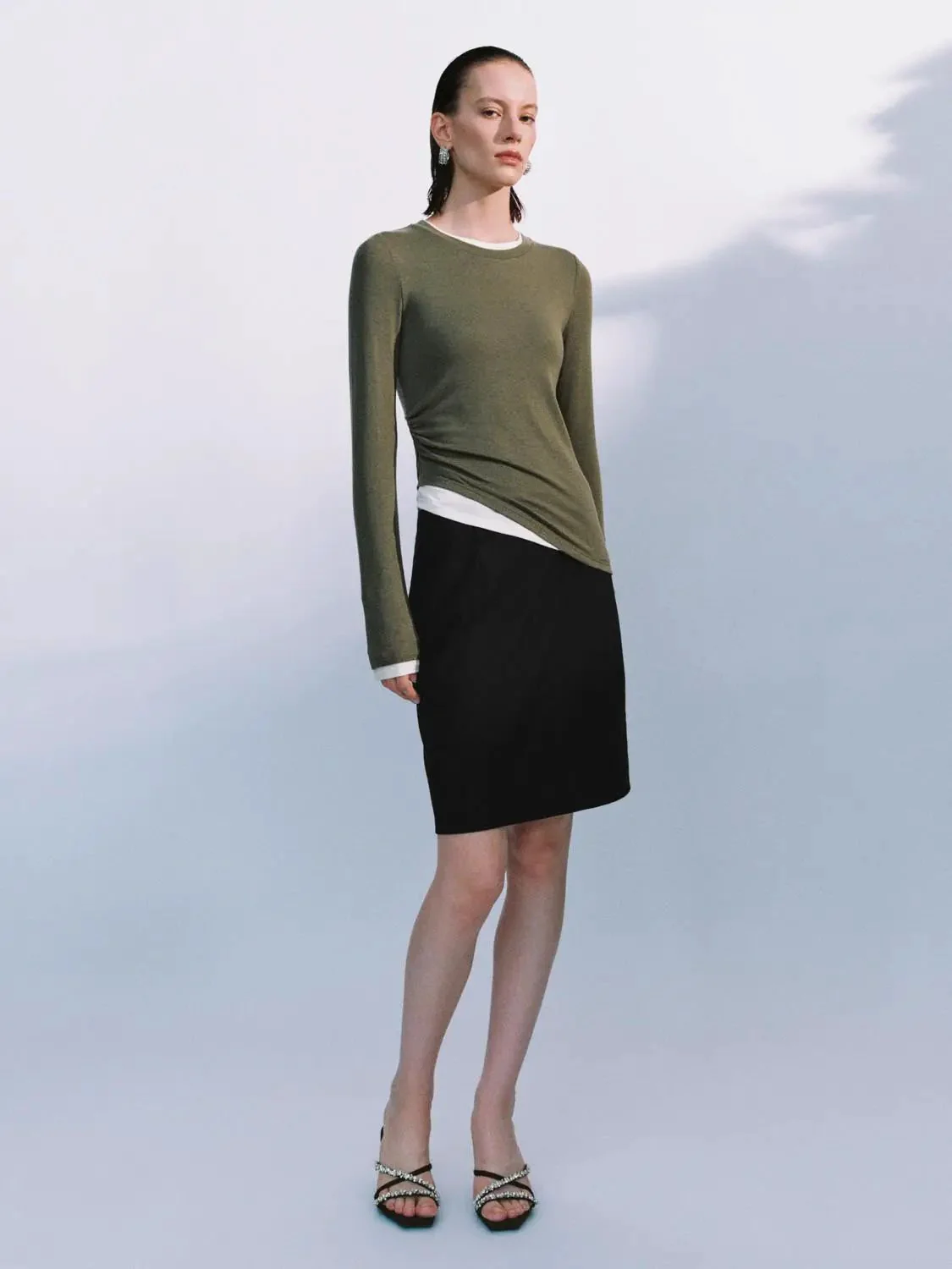 Lyocell Wool Blend Twist Hem Stretch Long Sleeve T Shirts