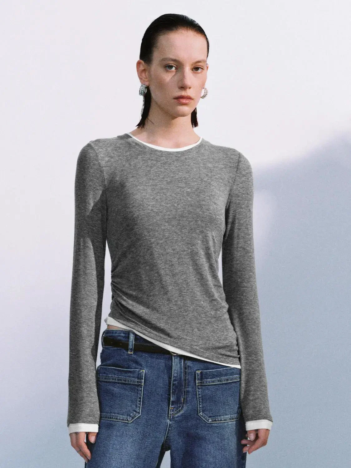 Lyocell Wool Blend Twist Hem Stretch Long Sleeve T Shirts