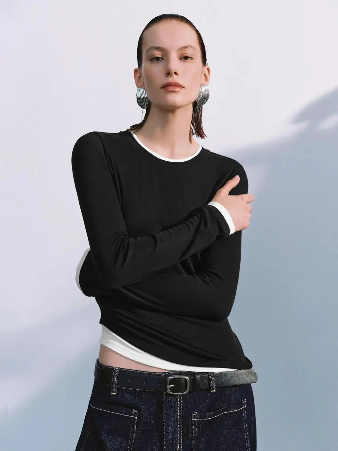 Lyocell Wool Blend Twist Hem Stretch Long Sleeve T Shirts