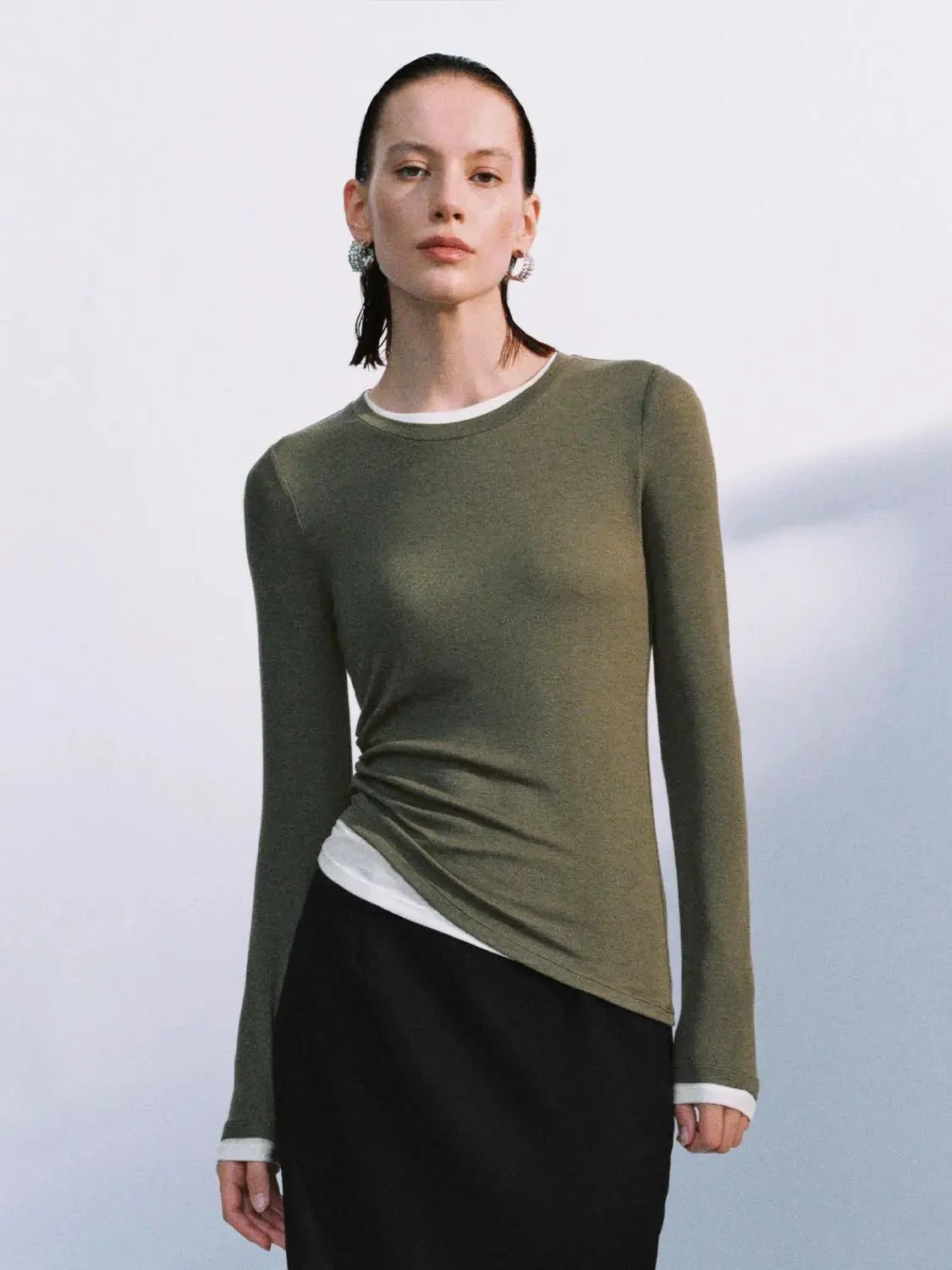Lyocell Wool Blend Twist Hem Stretch Long Sleeve T Shirts