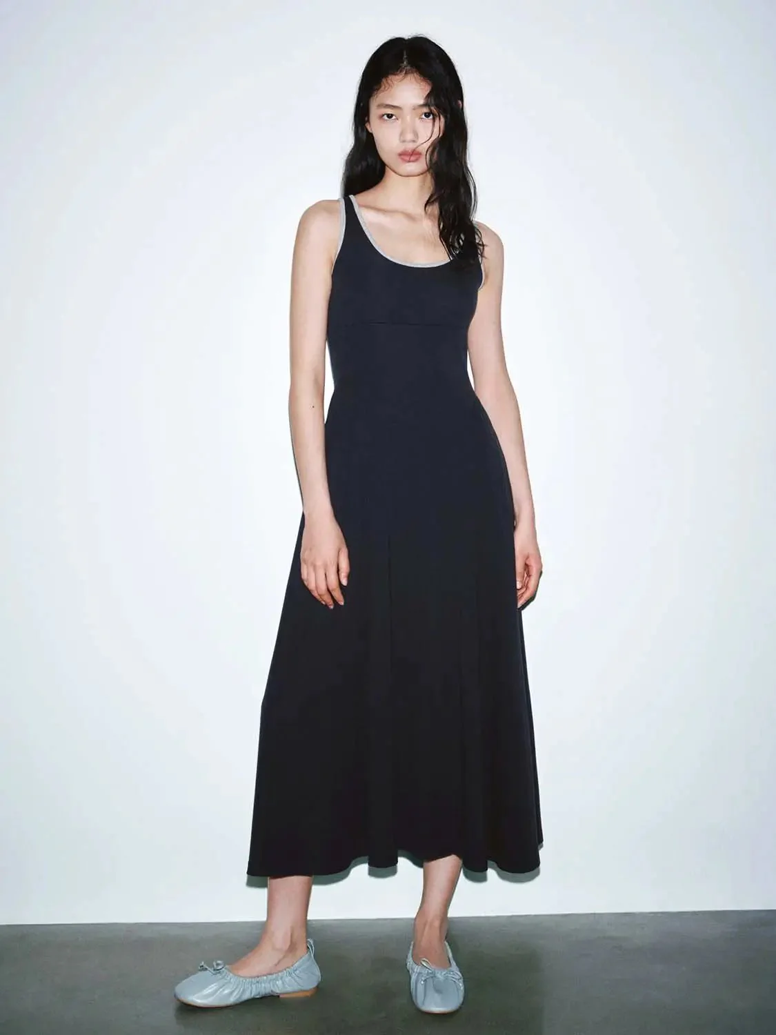 Contrasting Hem Strappy Cotton A Line Maxi Dress