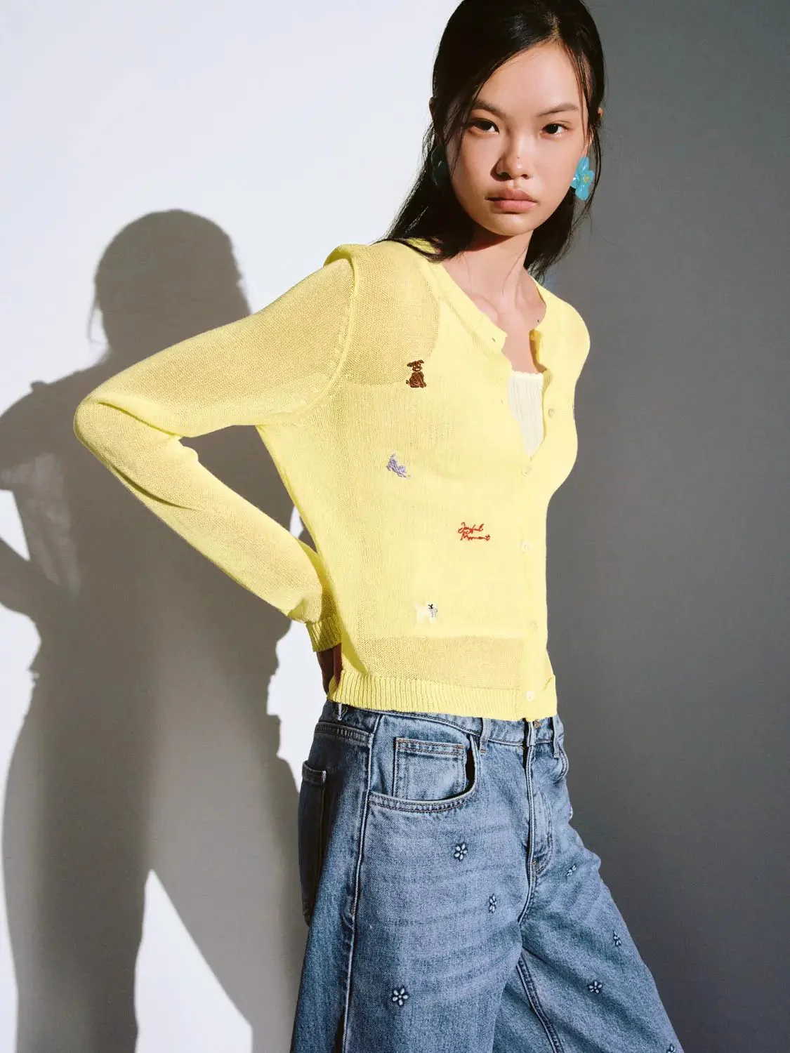Lemon Embroidered Sheer Lightweight Knit Cardigan