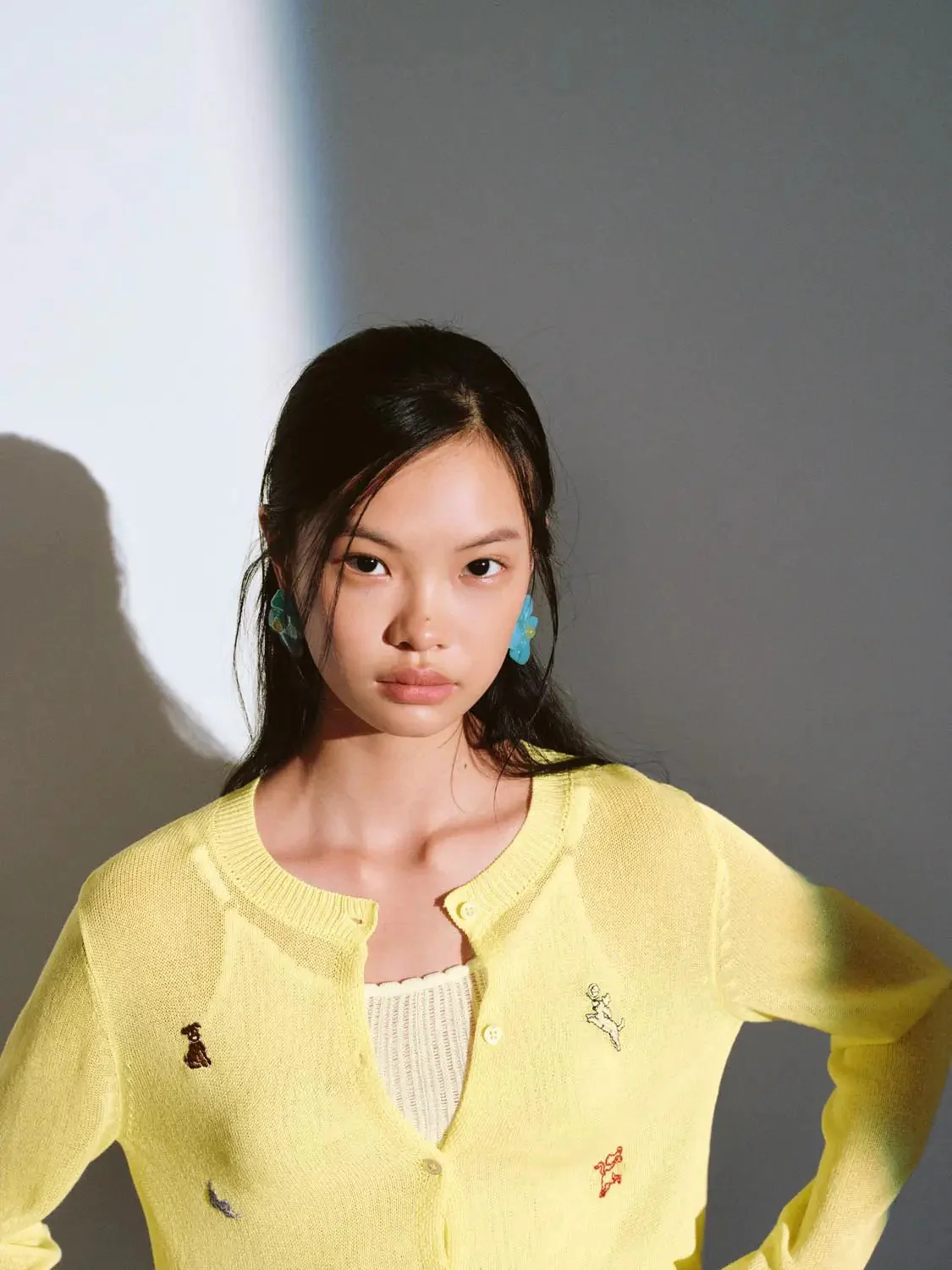 Lemon Embroidered Sheer Lightweight Knit Cardigan
