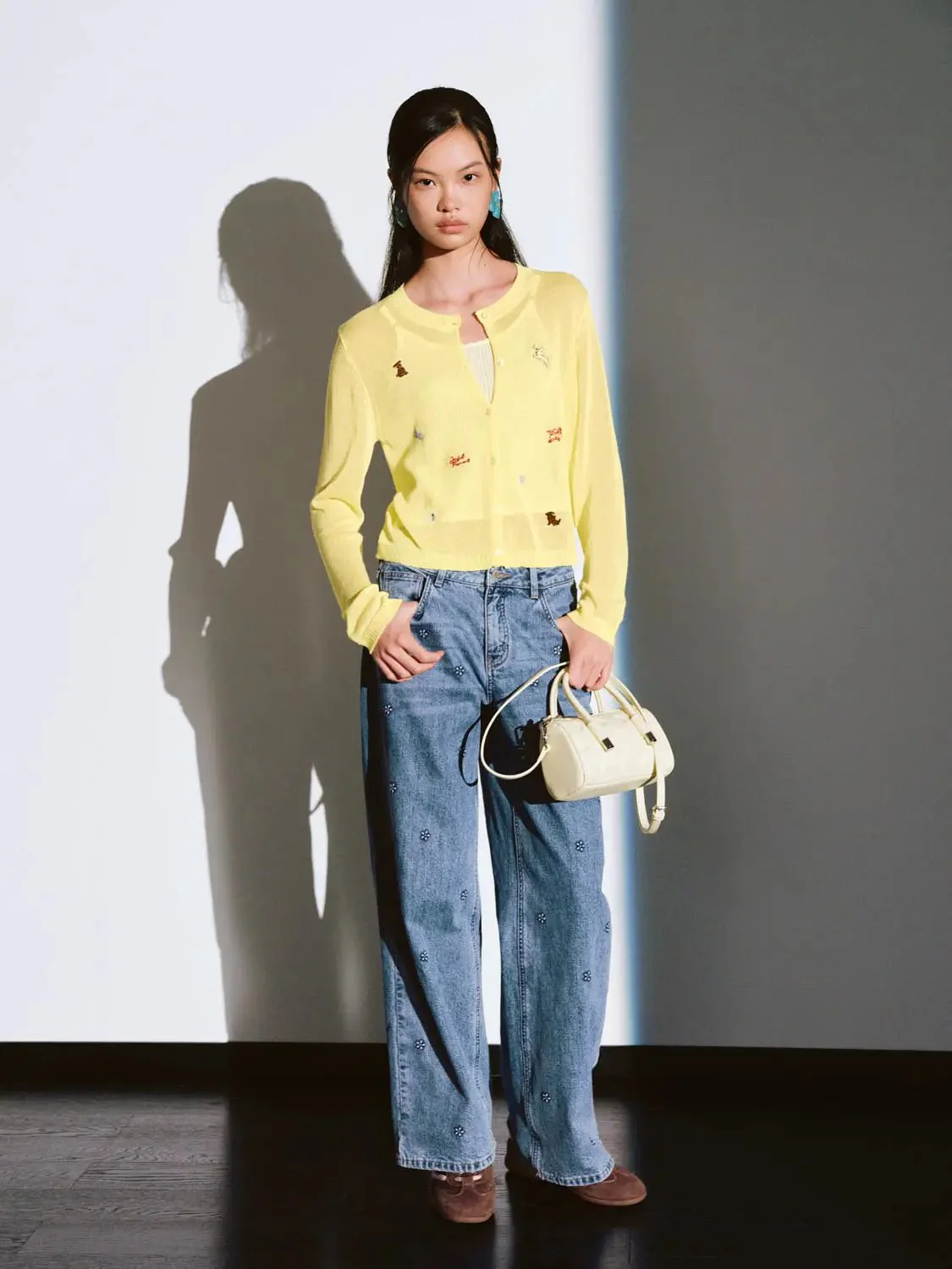 Lemon Embroidered Sheer Lightweight Knit Cardigan