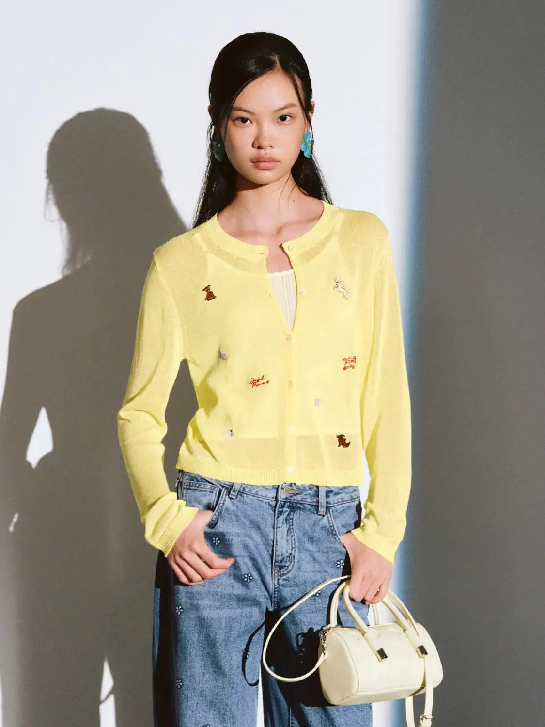Lemon Embroidered Sheer Lightweight Knit Cardigan