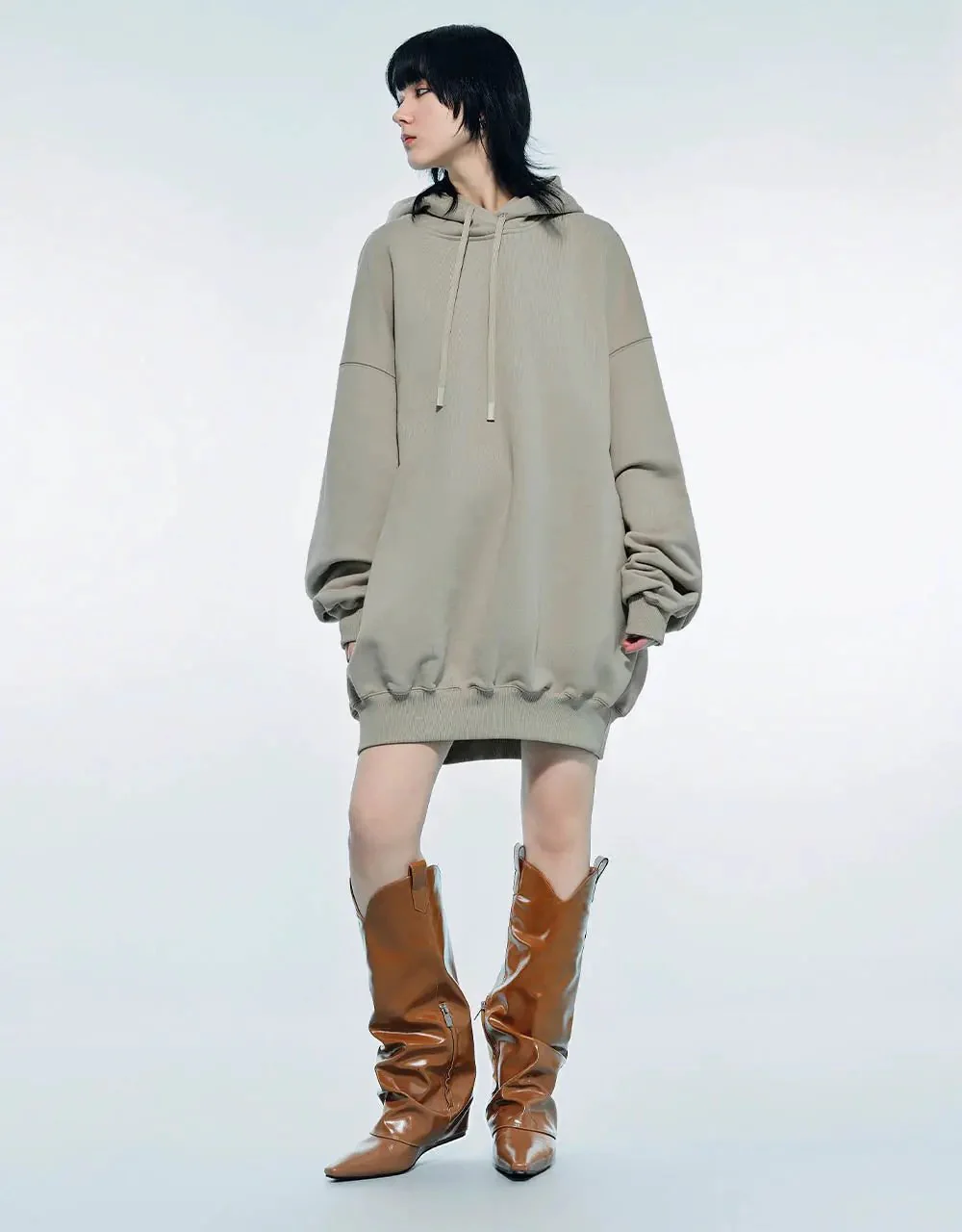 Cotton Drop Shoulder Sleeve Hooded Balloon Dress