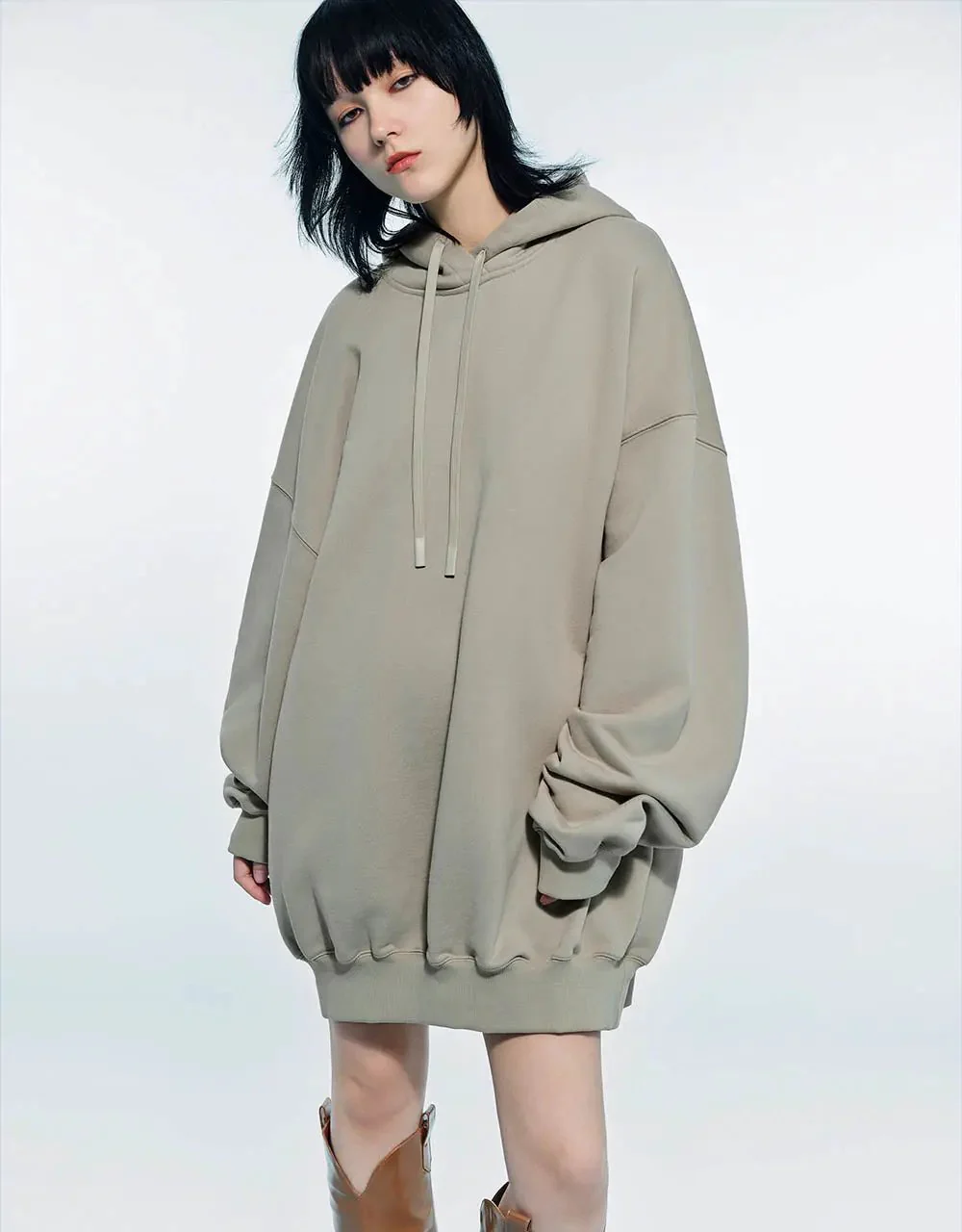 Cotton Drop Shoulder Sleeve Hooded Balloon Dress