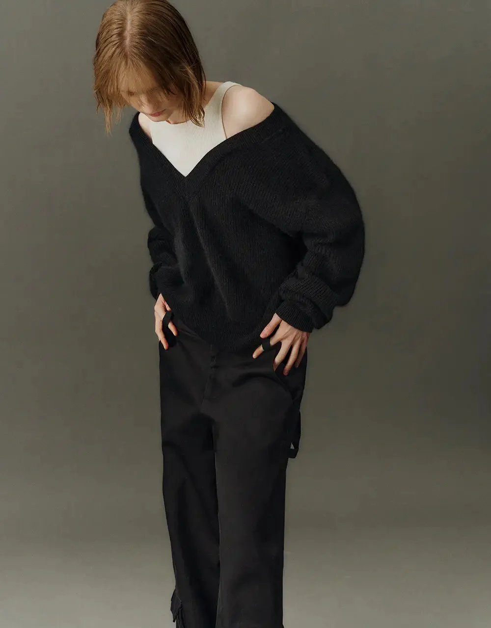 V-Neck Cozy Rabbit Hair Wool Knit Sweater
