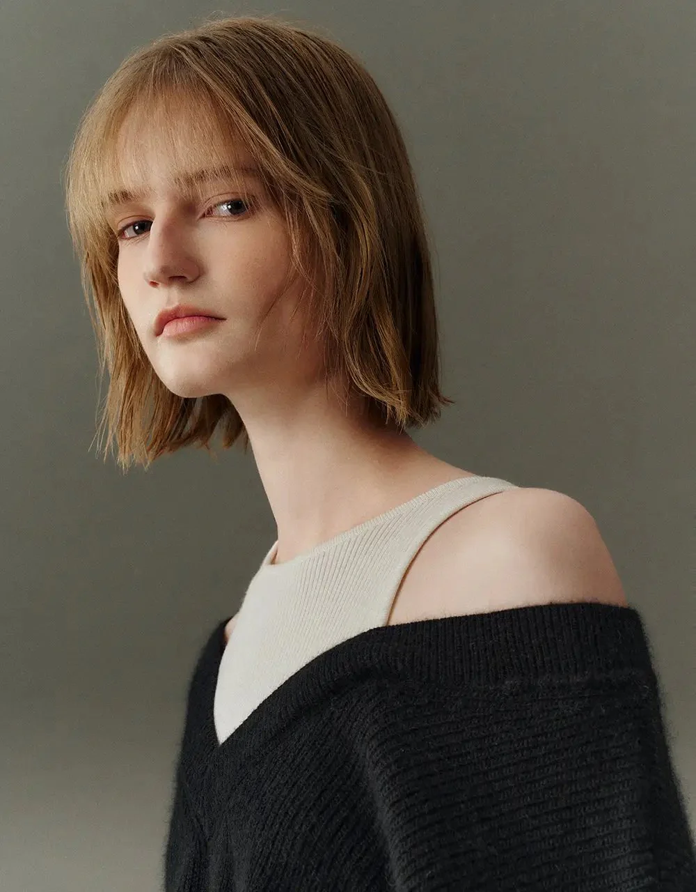 V-Neck Cozy Rabbit Hair Wool Knit Sweater