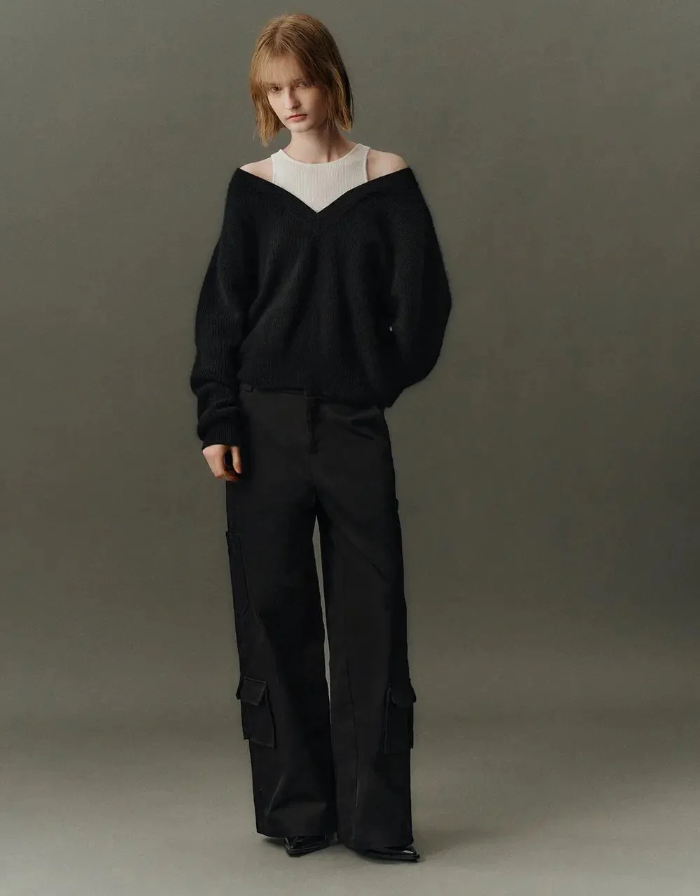 V-Neck Cozy Rabbit Hair Wool Knit Sweater