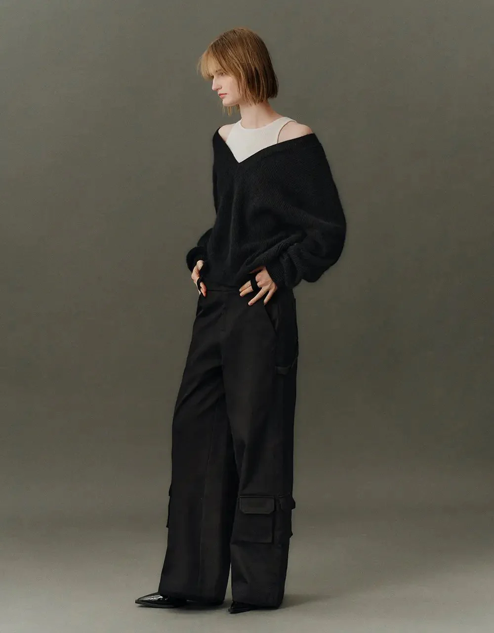 V-Neck Cozy Rabbit Hair Wool Knit Sweater